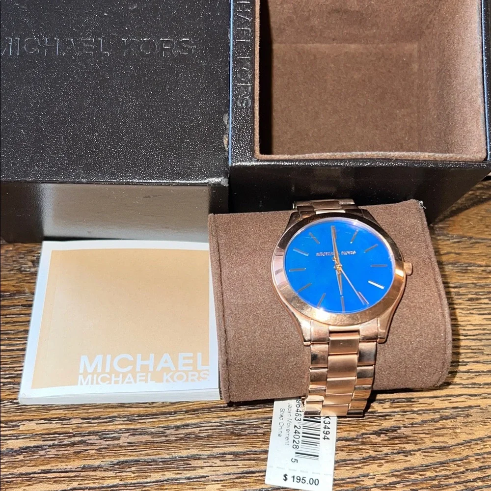 NIB NWT Michael Kors slim runway MK3494 blue dial watch rose gold